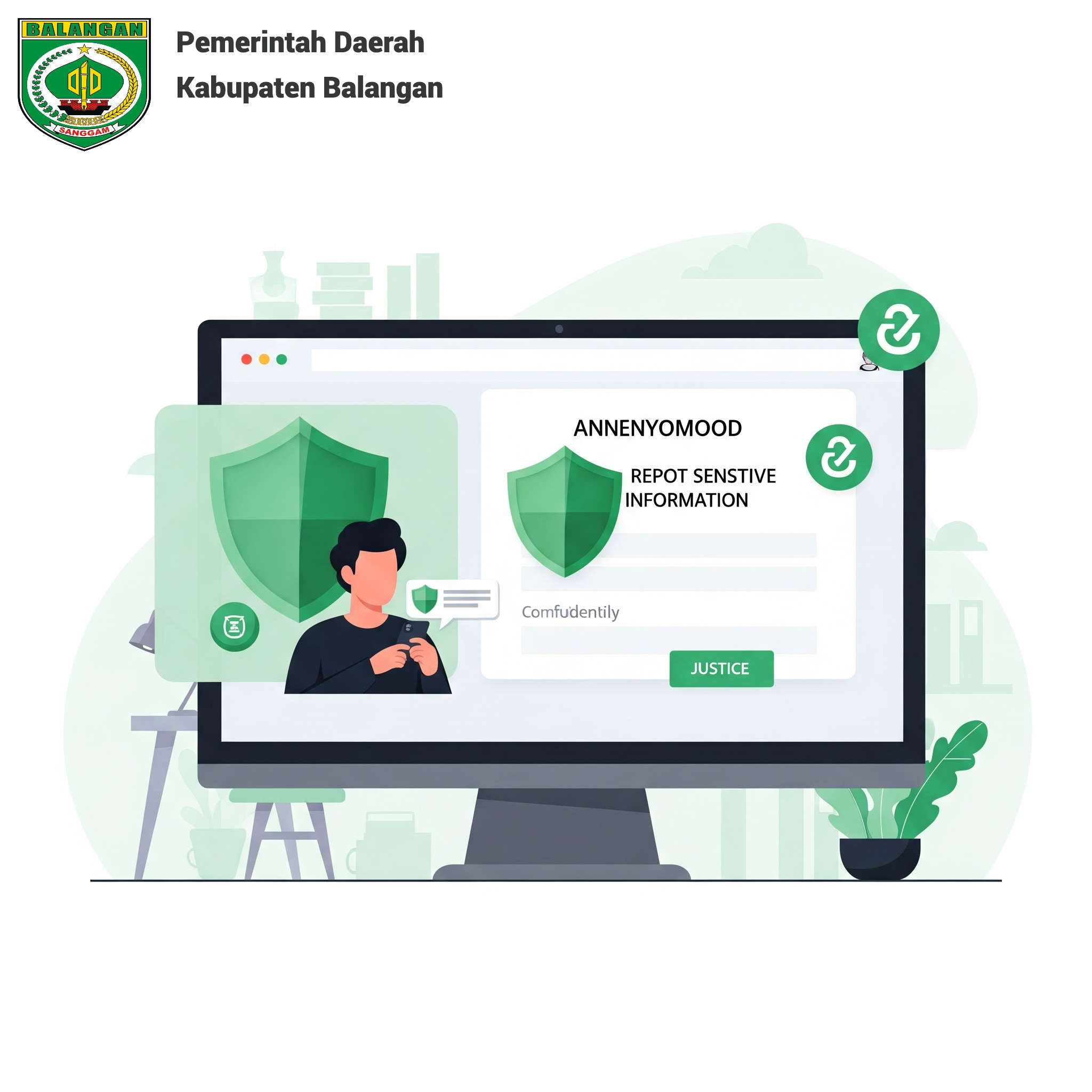 Ilustrasi orang yang sedang melapor melalui smartphone dengan latar belakang perisai keamanan